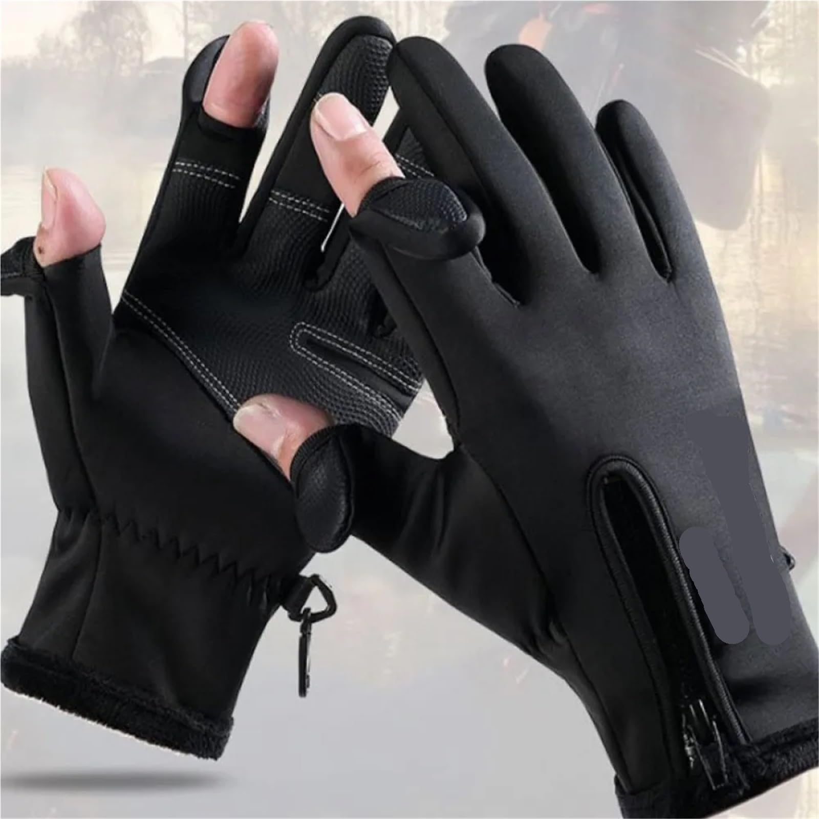 Gants d'escalade Gants de pêche imperméables d'hiver, 2 Doigts, Coupe-Vent, for Femmes et Hommes, en Velours, Protection Chaude, Gants de pêche pour Escalade(Black,M)