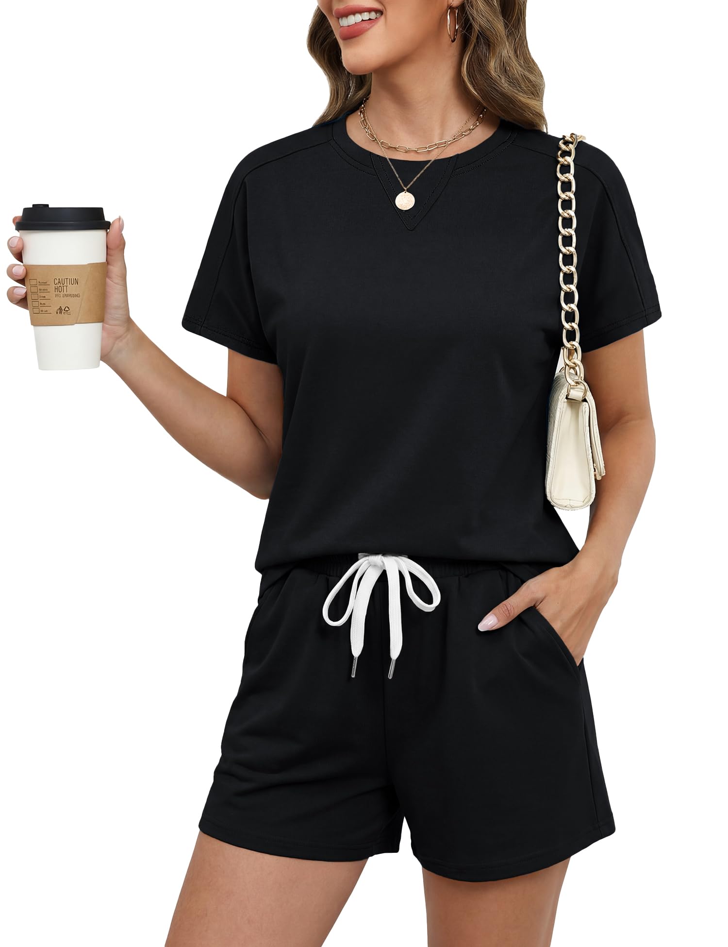 Rapbin Damen Tracksuit Kurzarm Rundhalsausschnitt Einfarbig Sommer 2025 Loungewear Outfit T-Shirt Trainingsanzug Set