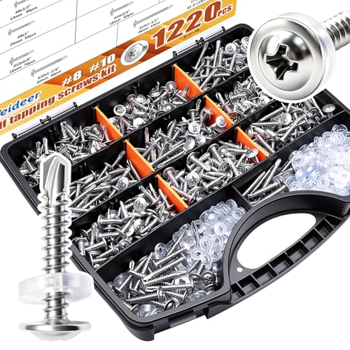 weideer 1220pcs #8#10 Self Tapping Screws for Metal,410 Stainless Steel Sheet Metal Screws Assortment Kit, Truss Head Quick Tapping Self Drilling Screw with Rubber Washer (610 Sets)