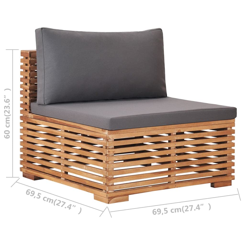 Canapé Central de Jardin en Bois de Teck Gris foncé, Design à Lattes, Coussins Gris, Dimensions 69,5 x 69,5 x 60 cm, siège 62 cm, pour terrasse Patio détente