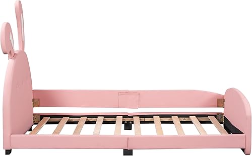 Miniatura 13 de Elegante cama de princesa tapizada de tamaño matrimonial con cabecera corona, plataforma de piel sintética con soporte resistente de listones para