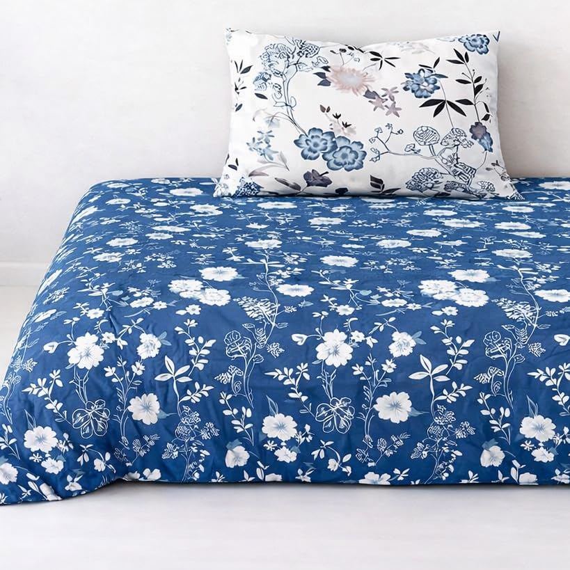 Image of DECOR2ADMIRE 300 Thread Count Premium Cotton Printed Single Bedsheet with One Pillow Covers for Home 60 Inches x 90 Inches (Indigo Meadow, Single 60 inch x 90 inch)