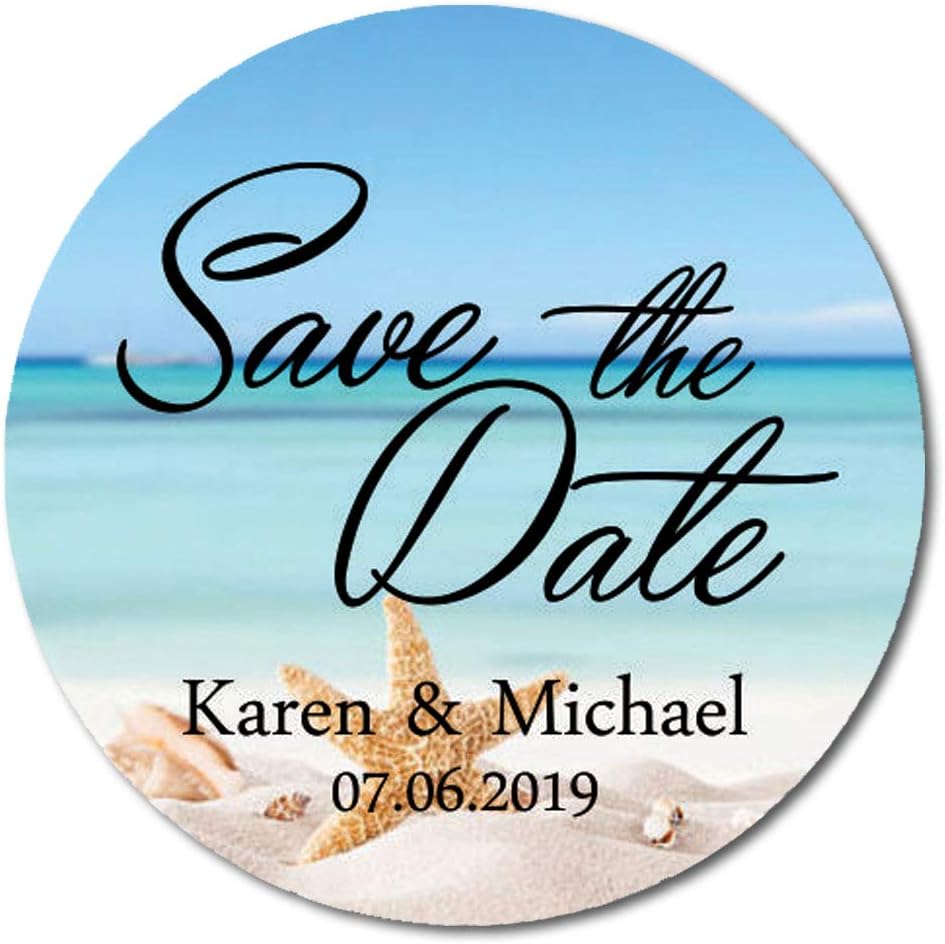 Darling Souvenir Round Starfish Beach Photo Save The Date Stickers Personalized Bride Groom Names and Date Envelope Seals 45 Pieces : Office Products