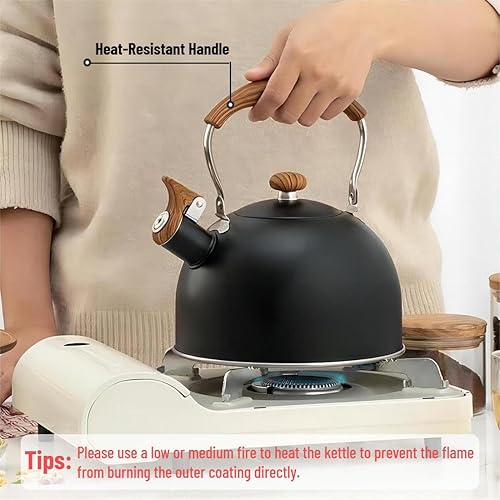 Miniatura 4 de Tetera para estufa, hervidor de té silbante de 2.5 cuartos de galón, estufa de acero inoxidable de grado alimenticio con mango plegable de madera