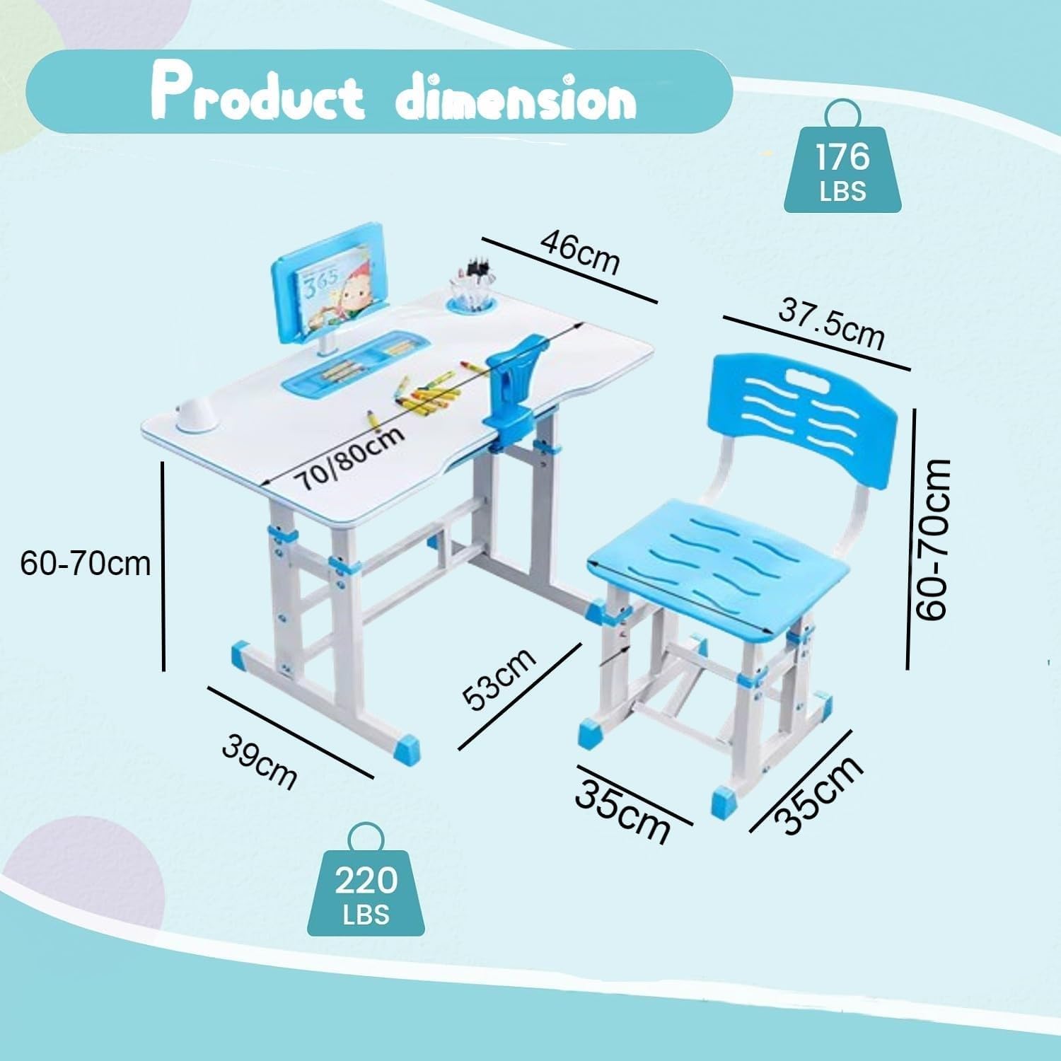 Metreno Height Adjustable Kids Study Table with Chair Set 3to12 Years Drawing Learning Reading Children Study Desk with Book Holder and Storage Kids Functional Desk and Chair - Image 2 thumbnail