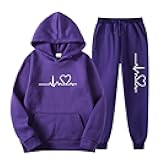 Lastesso Jogger Sets for Women 2 Piece Baggy Fit Funny Heart Print Track Suits Soft Solid Color Sweatsuits Set with Pockets