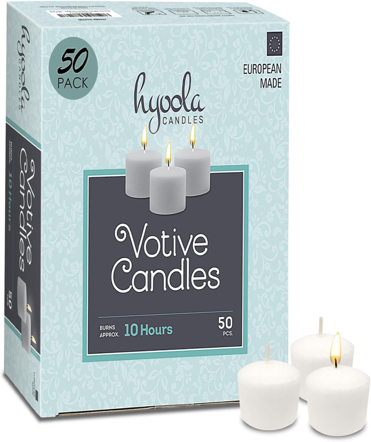 Hyoola Votive Candles - 10 Hour Burn Time - Unscented Candles Votives Bulk - Pack of 50 White Candles - European Made