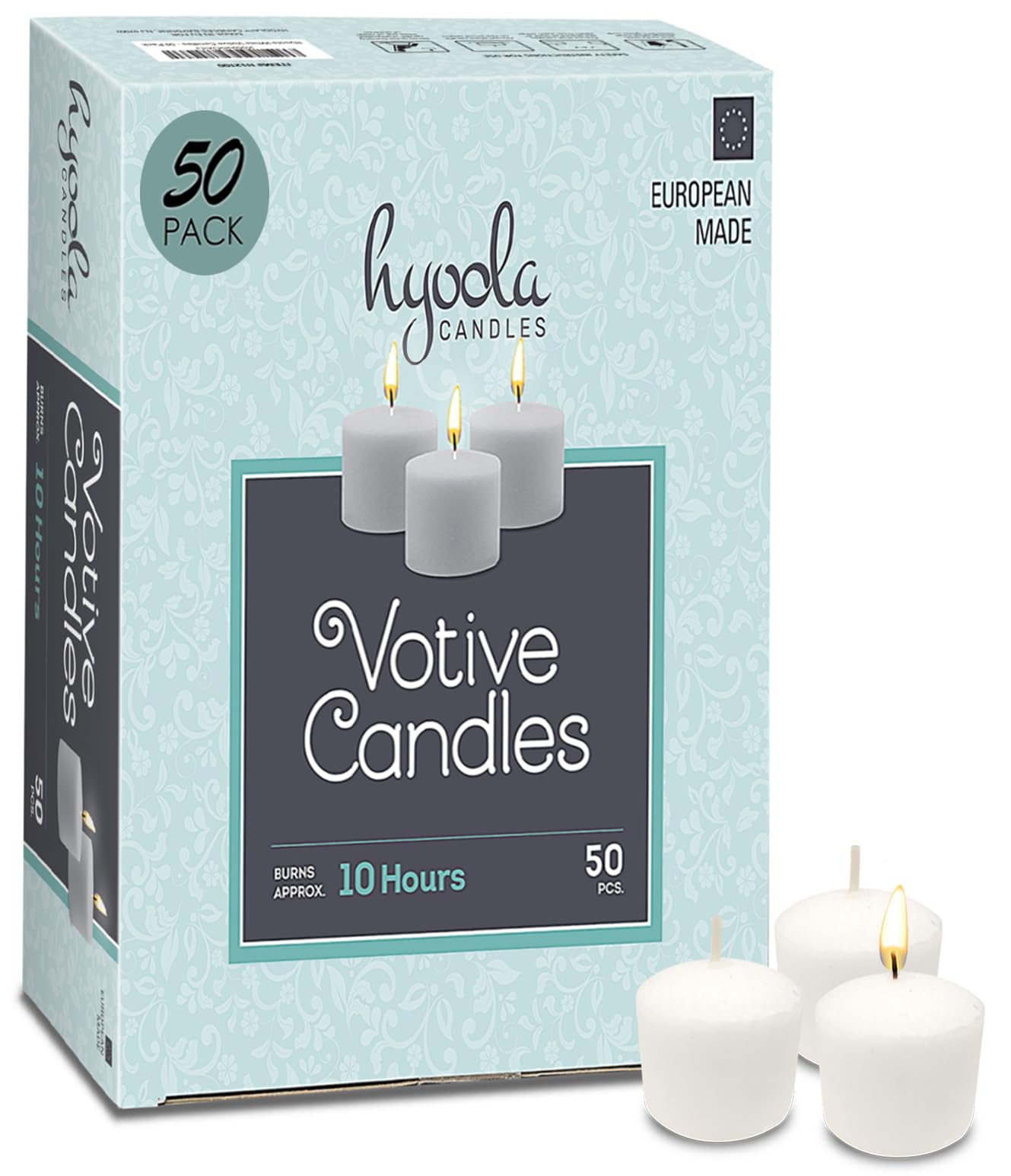 HYOOLA Votive Candles - 10 Hour Burn Time Unscented Candles Pack of 50 - White Candles - European Made