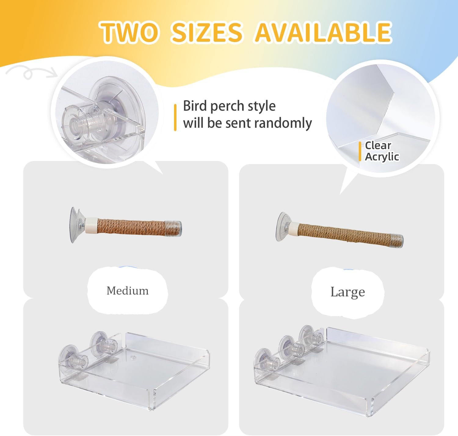 Suction Cup Bird Perch – Jute Rope Stand with Removable Acrylic Poop Tray, Multi-Surface Window Shower Car Travel Perch for Small to Medium Parrots, Budgies, Cockatiels, Lovebirds, Conures (Large)