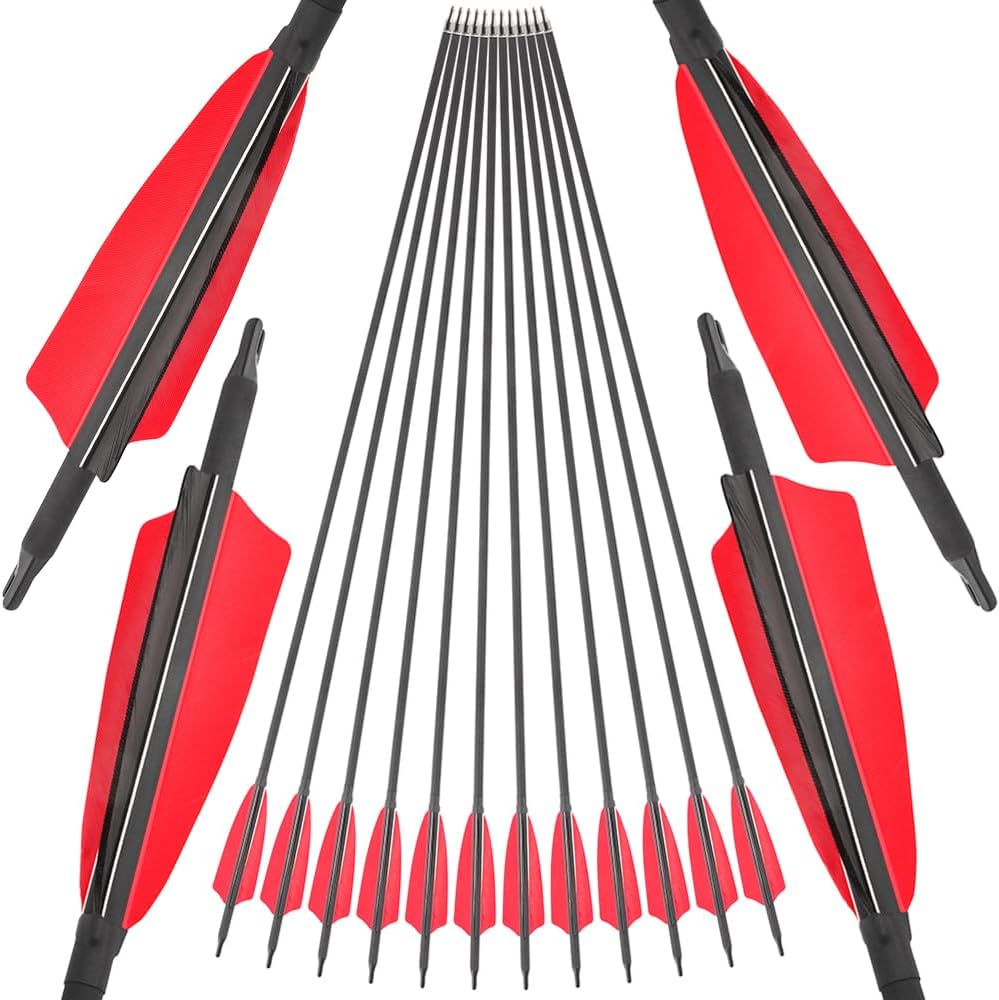 ZSHJGJR 31Inch Archery Carbon Hunting Arrows Spine 500 with Turkey Feather Fletching Removable Tips Targeting Practice Arrows for Compound & Recurve & Traditional Bow 6/12pcs