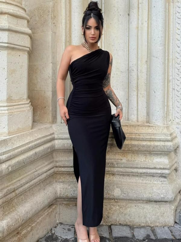 Vestito Donna Elegante Monospalla Abito da Cerimonia Senza Maniche Lungo Vestito Sexy Abito da Sera Partito Estivo Vestiti con Spacco Bodycon Maxi Abiti da Cocktail Festa Banchetto