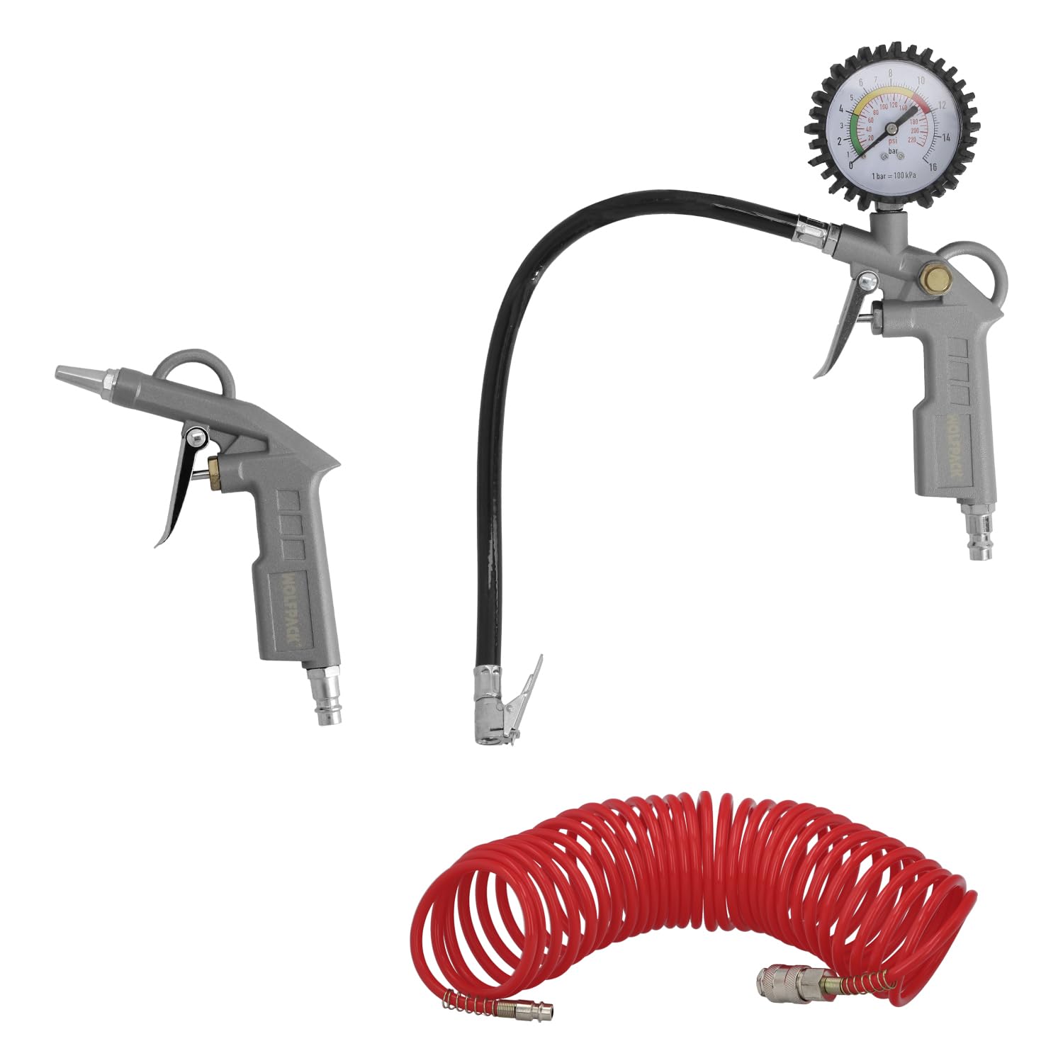 WOLFPACK LINEA PROFESIONAL Kit Accesorios Para Compresor 3 Piezas Con Enganche Rapido, Juego de Herramientas Neumaticas Para Compresor.