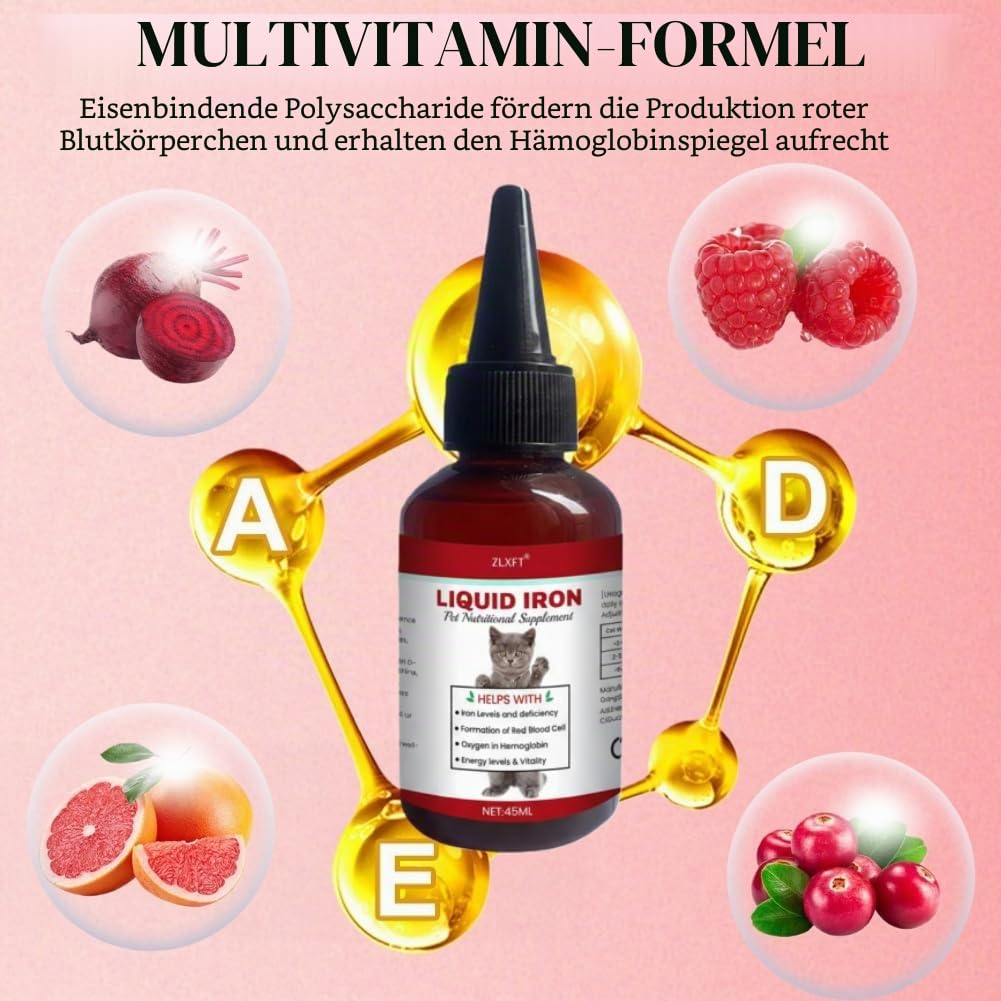 Flüssige Eisenpräparate für Katzen,2pcs Flüssiges Eisen Ergänzungen für Hunde,Hunde Eisen Tropfen mit Vitamin B12 & Folsäure,Katze Vitamine und Ergänzungen mit Vitamin C und B12,45ml
