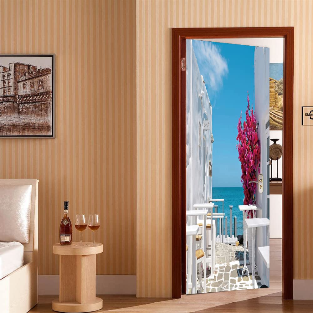 3D Porte Muraux Auto-adhésif Stickers Scène de rue blanche Porte Autocollants 3d Papier Peint Vinyle étanche Porte Autocollants pour Salon Chambre Décoration L100 x H200cm