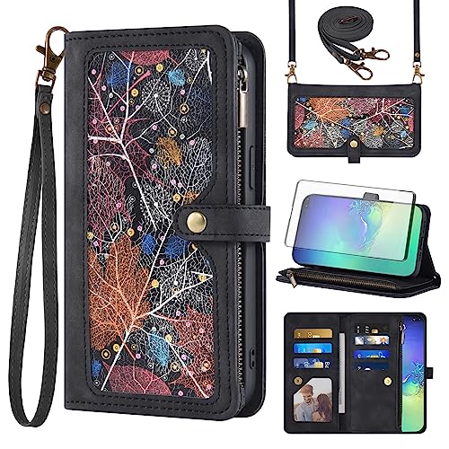 Custodia per telefono per Samsung Galaxy S10 Plus a portafoglio con protezione per lo schermo Cinturino da polso a tracolla pelle modello di vibrazione cerniera porta carte di credito