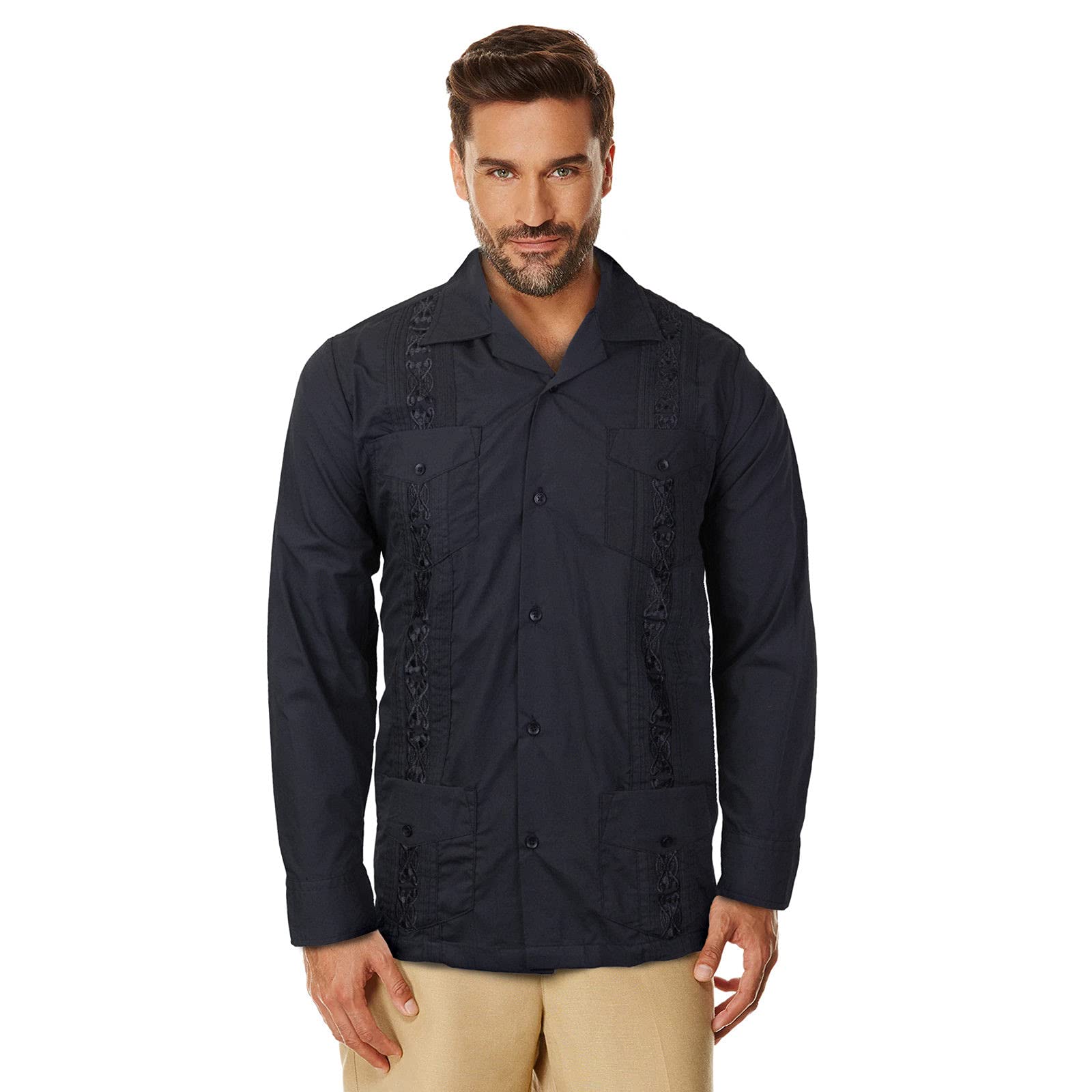 Guayabera Men's Cuban Beach Wedding Long Sleeve Button-up Casual Dress Shirt (Black, Large)