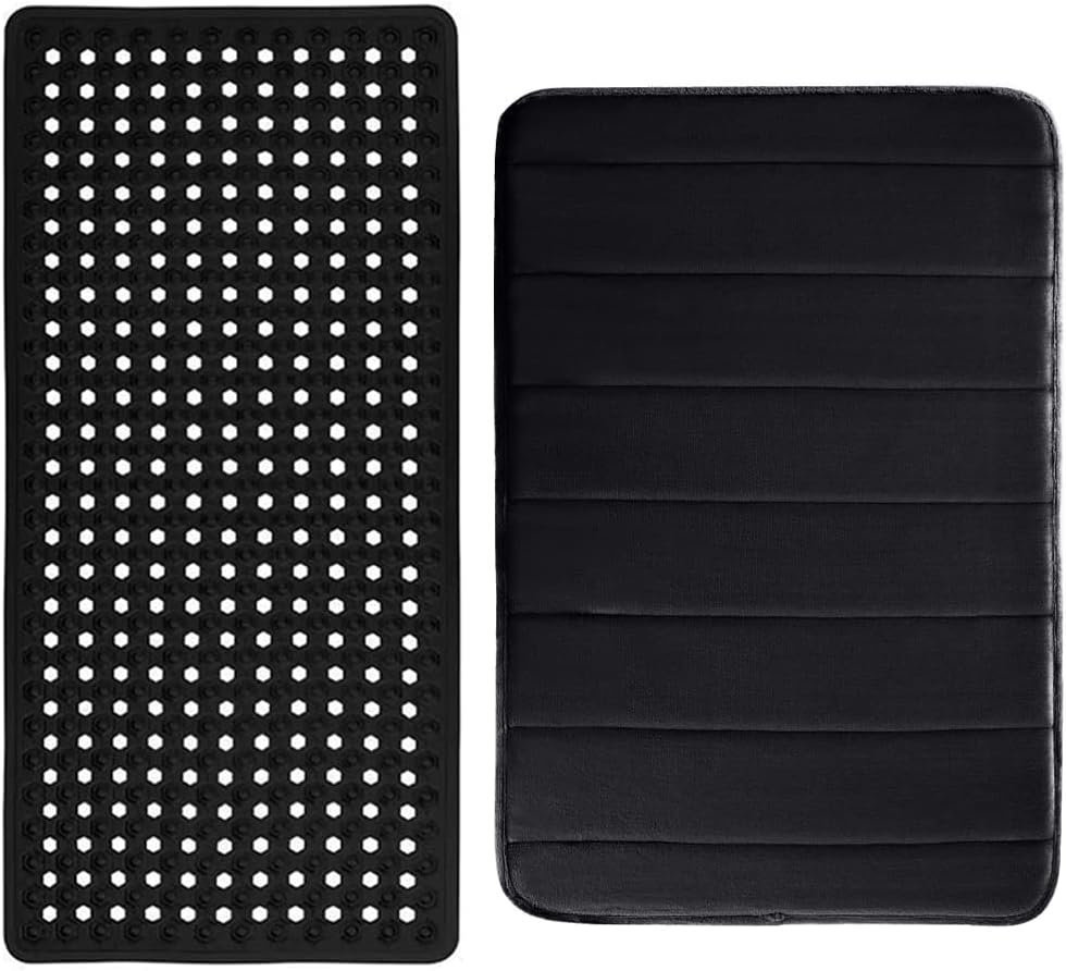 Gorilla Grip Patented Shower and Bath Mat and Striped Memory Foam Bath Rug, Bath Mat Size 35x16 in, Soft on Feet, Bath Rug Size 42x24 in, Machine Washable Bathmat, Both in Black, 2 Item Bundle