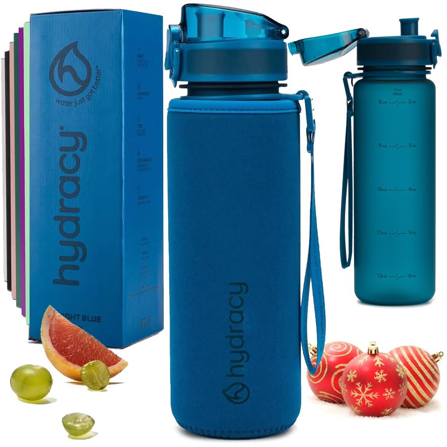 Water Bottle with Time Marker - 500 ml 17 oz BPA Free Water Bottle -Leak Proof & No Sweat Gym Bottle with Fruit Infuser Strainer -Ideal for Fitness, Sports & Outdoors
