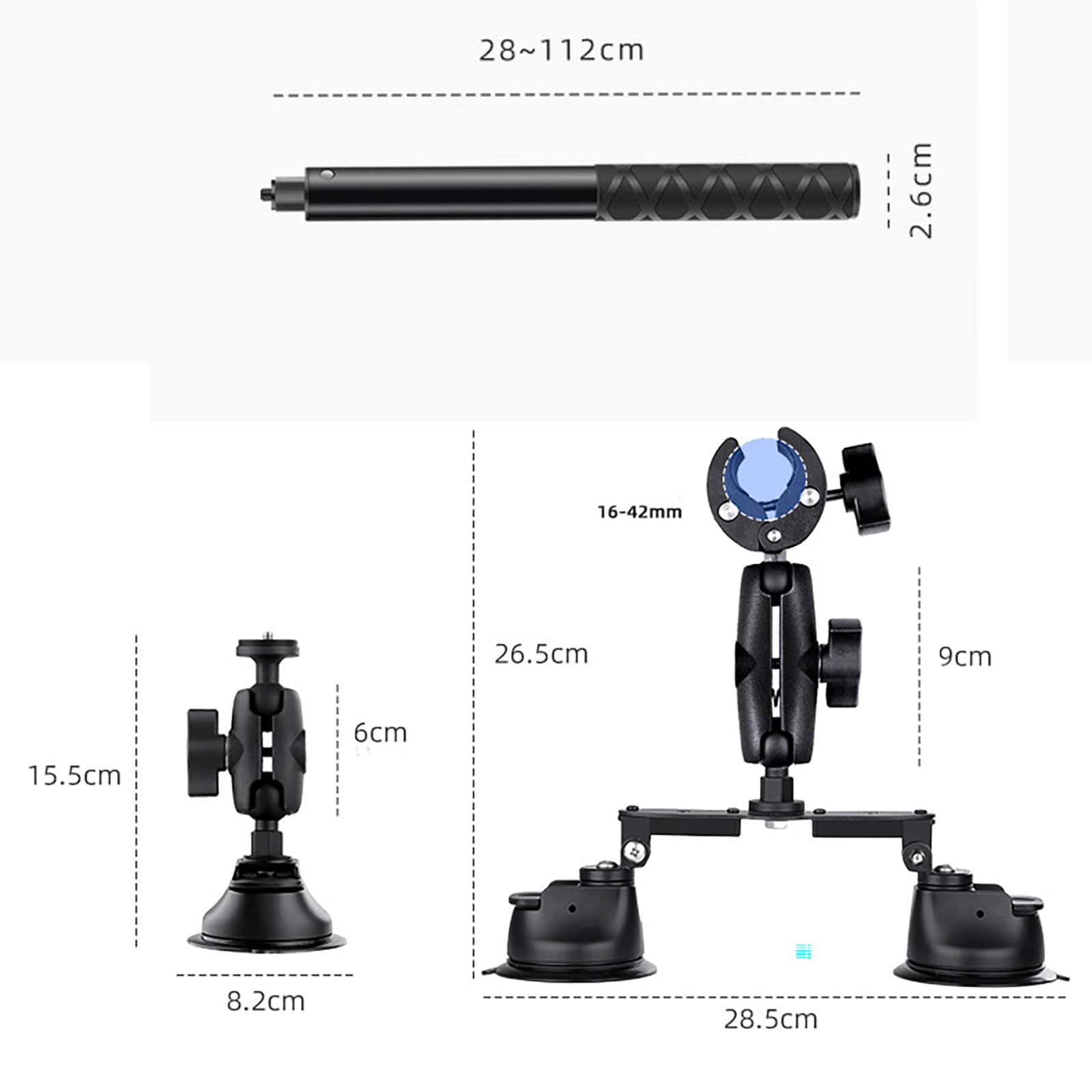 NEWFUN Triple Auto Suction Kit Suppoto, Selfie Kij 112 cm, uchwyt z przyssawką do fotografowania na dachu, uchwyt samochodowy z trzeciej osoby do Insta360, odpowiedni do wszystkich typów samochodów