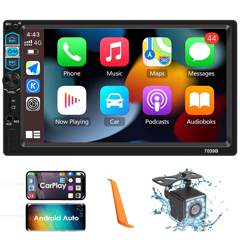 SANPTENT Double Din Car Stereo, 9-Inch Touch Screen, Compatible with Apple Carplay/Android Auto, Mirror Link, Bluetooth, Rear Camera, USB Port, Subwoofer, AM/FM Car Radio Audio Receiver