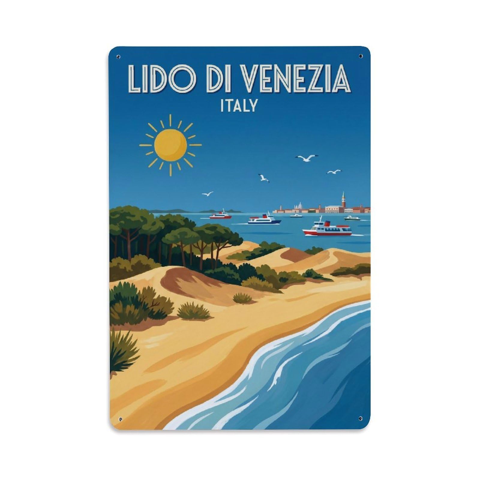 Olhnbad Style Lido Di Venezia Italy Coastal Ferry Gouache Travel Metal Tin Sign