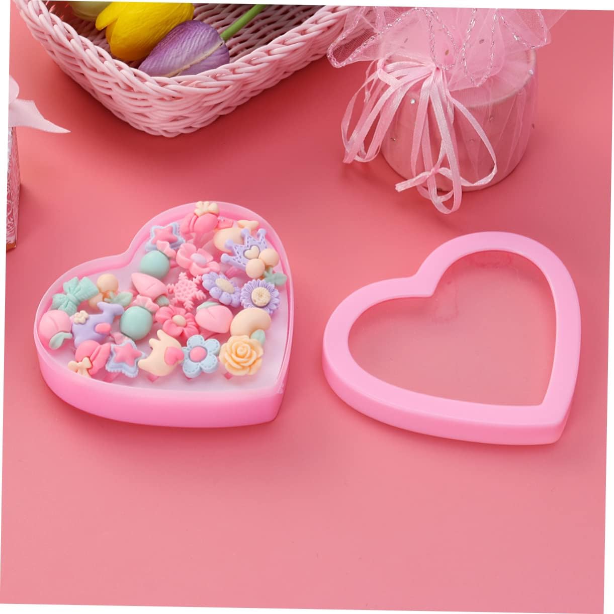 VICASKY Child Ring Toy 24pcs Girls Rhine Gem Rings Plastic Jewelry Set Heart Box Birthday Kids