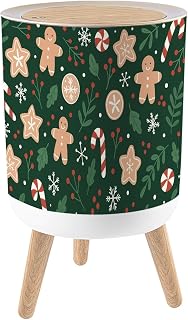 Trash Can with Lid Gingerbread Seamless Festive Cookies Candies Leaves Berries Small Garbage Can with Legs Waste Bin Press-Top Lid Wastebasket for Kitchen Bathroom Living Room 7L/1.8 Gallon