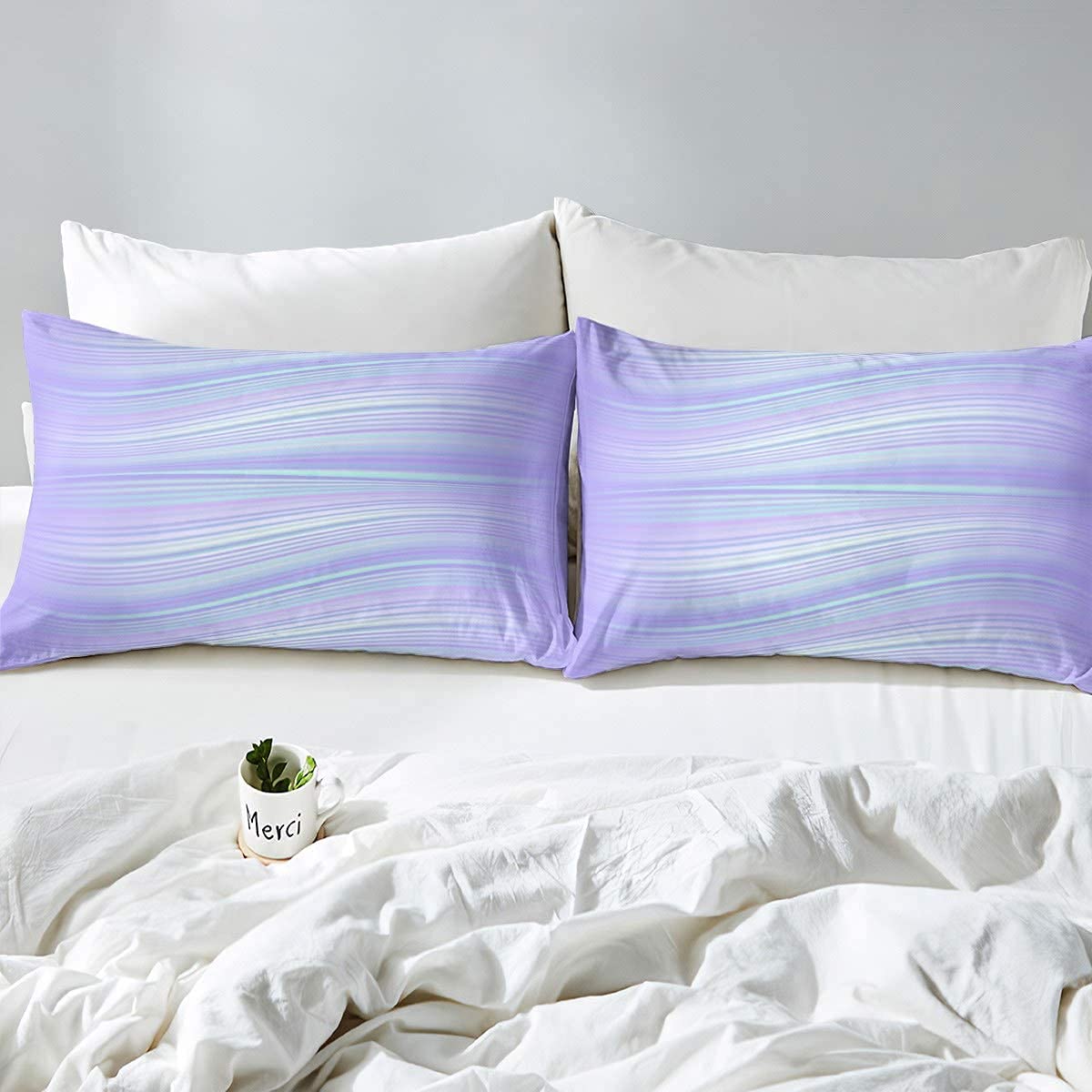richhome Lilac Super King Size Duvet Cover Light Purple Blue Stripes Bedding Set 3pcs for Kids Teens Adult Boho Marble Chic Simple Style Comforter Cover Soft Quilt Cover Bedroom Decor Bedspread - Image 2