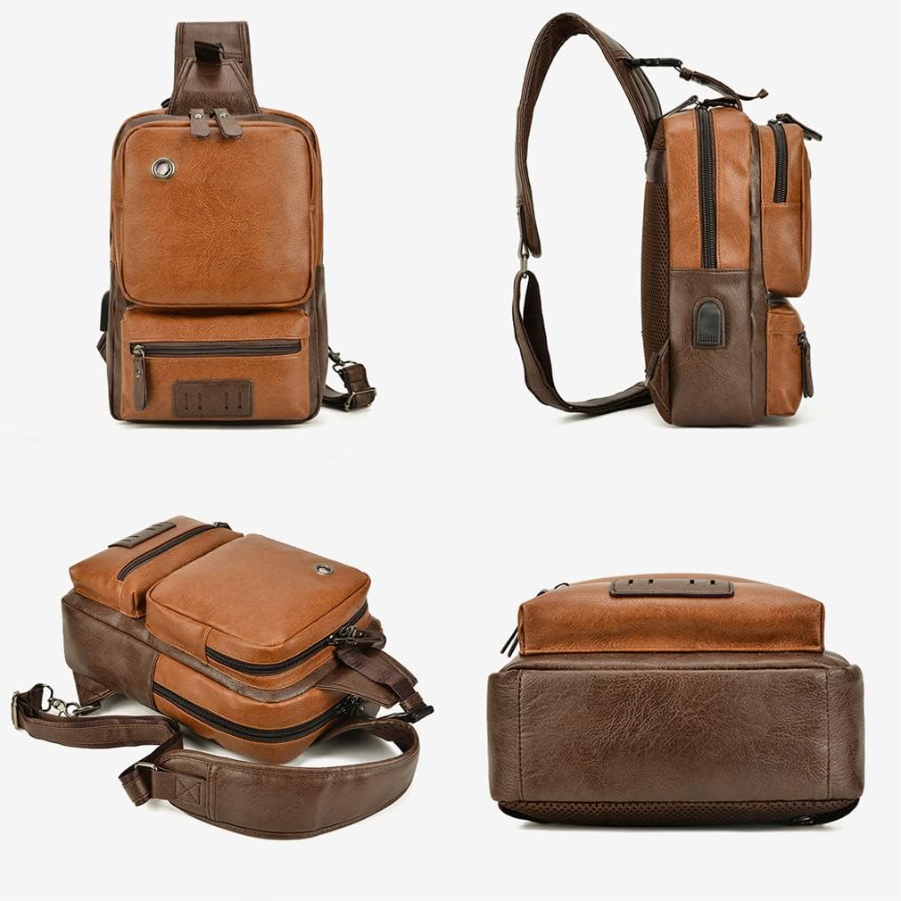 KPYWZER Genuine Leather Sling Bag for Men Women Shoulder Backpack Satchel Crossbody Chest Casual Outdoor Daypack