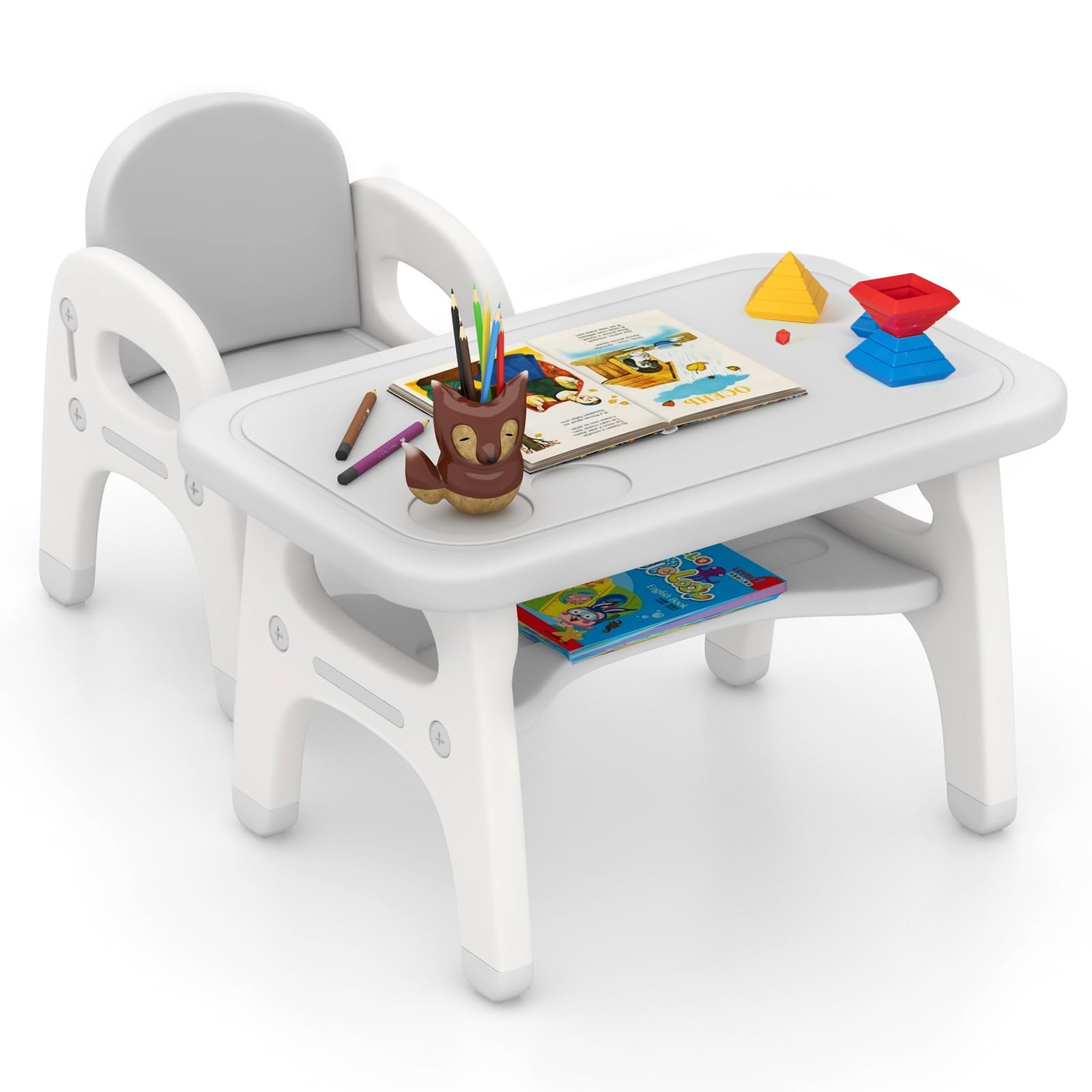 COSTWAY Tavolo e Sedia per Bambini Dinosauro Set Scrivania Attività Artistiche Studio 1-5 Anni Grigio