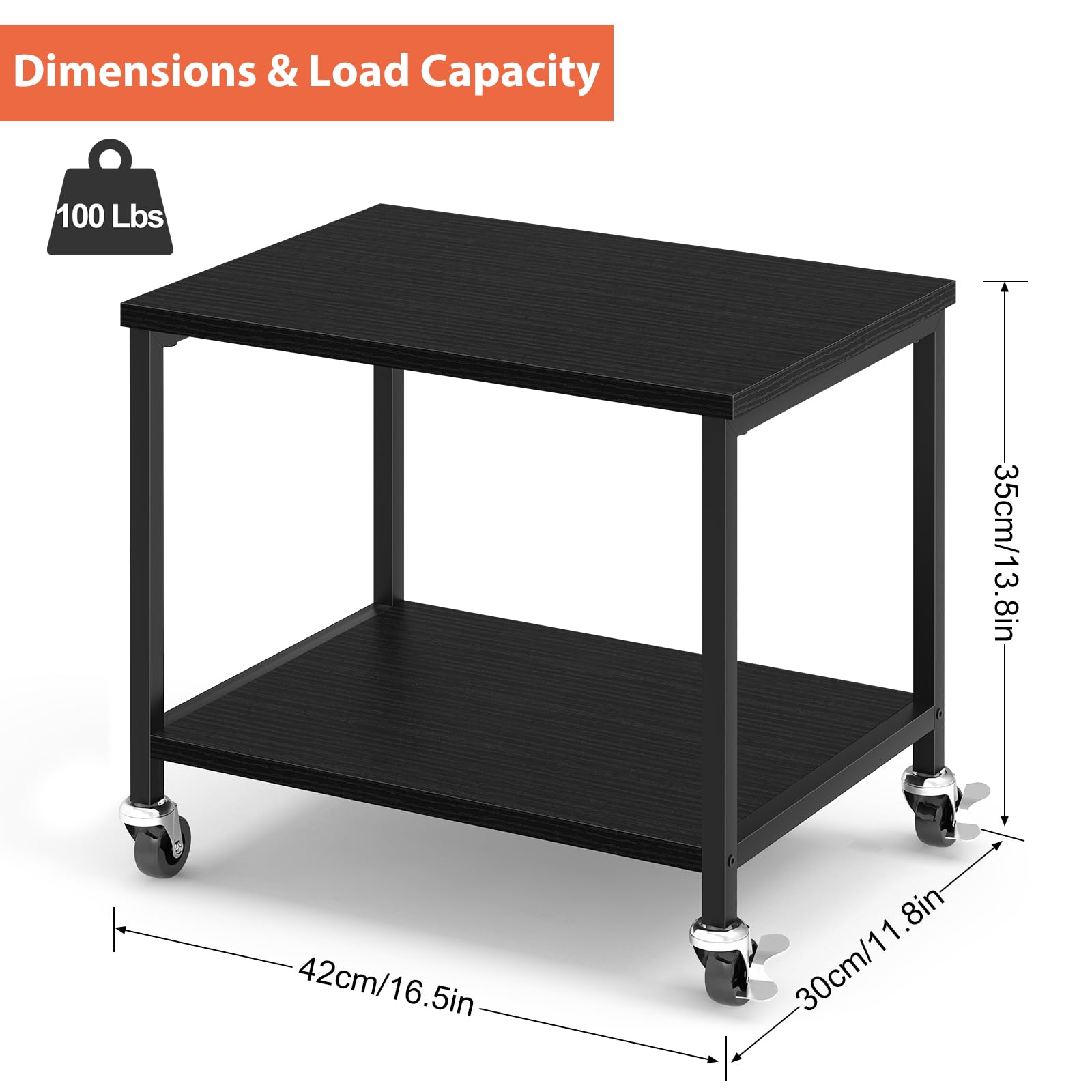 smusei Mesa Impresora 3D Dos Niveles Mesa para Impresora con 360° Ruedas para Oficina Estudio Sala Estar Soporta hasta 100 Libras (Negro, 42 x 30 x 35 cm)