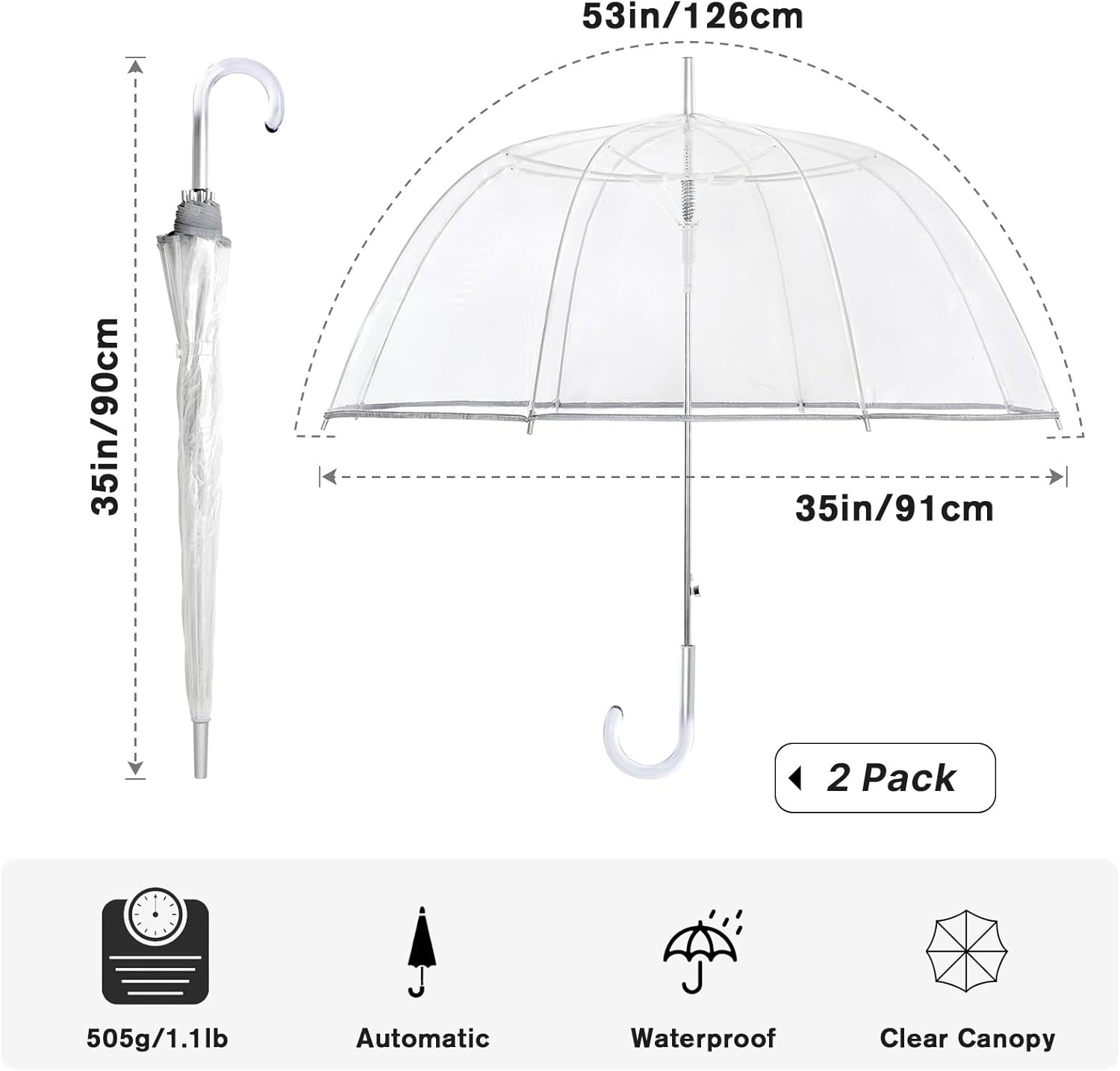 G4Free 52 inch Clear Bubble Umbrella, Large Canopy Transparent Dome Coverage Stick Umbrella, J Hook Handle European Style for Weddings,Prom,Graduation and Outdoor Events - Image 2