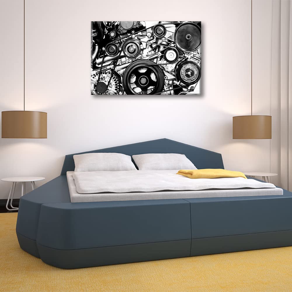 1 Piece Black and White Canvas Wall Art Car Engine Close-up Paintings for Living Room Modern Artwork Engine Pictures Giclee Home Decor Framed Ready to Hang Posters and Prints(16" Wx24 H) - Image 4