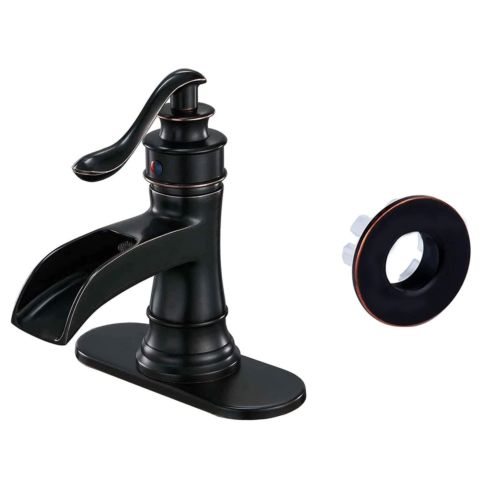 Jnfidosr Bronze Waterfall Bathroom Faucet Oil Rubbed Single-Handle One Hole Sink Faucet Bundle With Oil Rubbed Sink Basin Trim Overflow Cover Brass Insert In Hole Round Caps