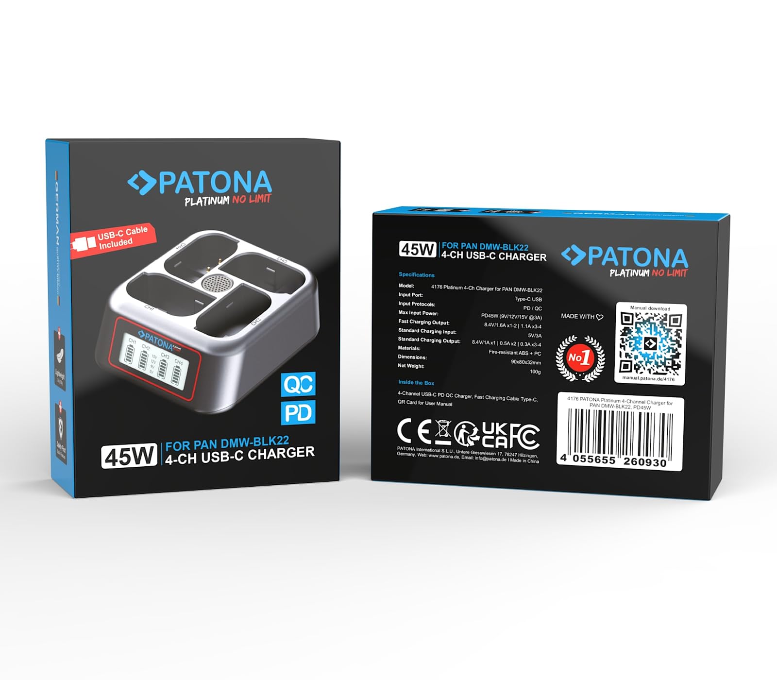 PATONA 4-Fach Ładowarka 45W USB-C PD/QC do Panasonic DMW-BLK22