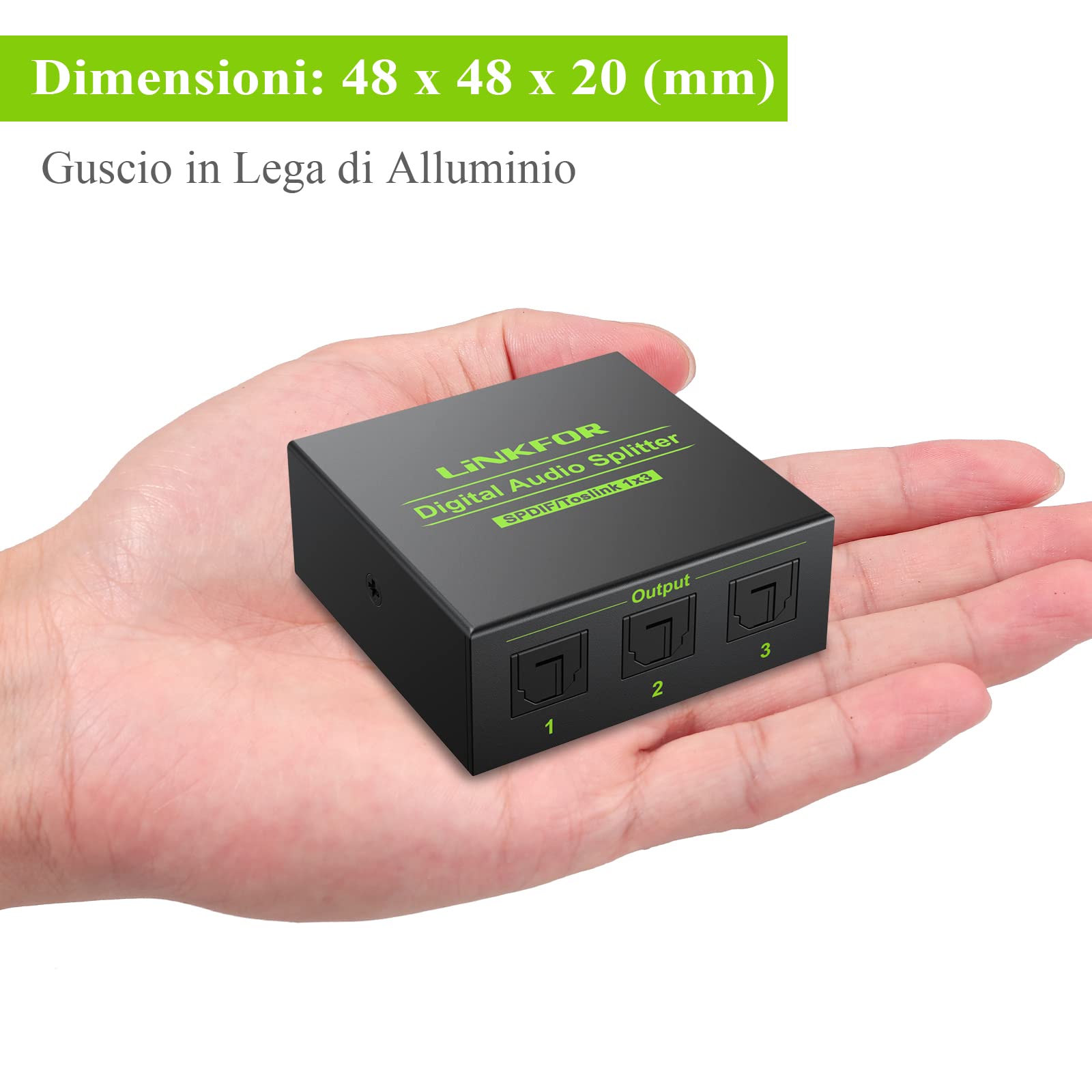 LiNKFOR 3 Porte Splitter Audio Digitale SPDIF 1 In 3 Out Splitter Ottico Toslink Supporta Dolby-AC3 DTS LPCM 2.0 con 4pz 1M Cavi Ottici per PS3 VHS VCR Blu-ray DVD HDTV STB DAC Convertitore