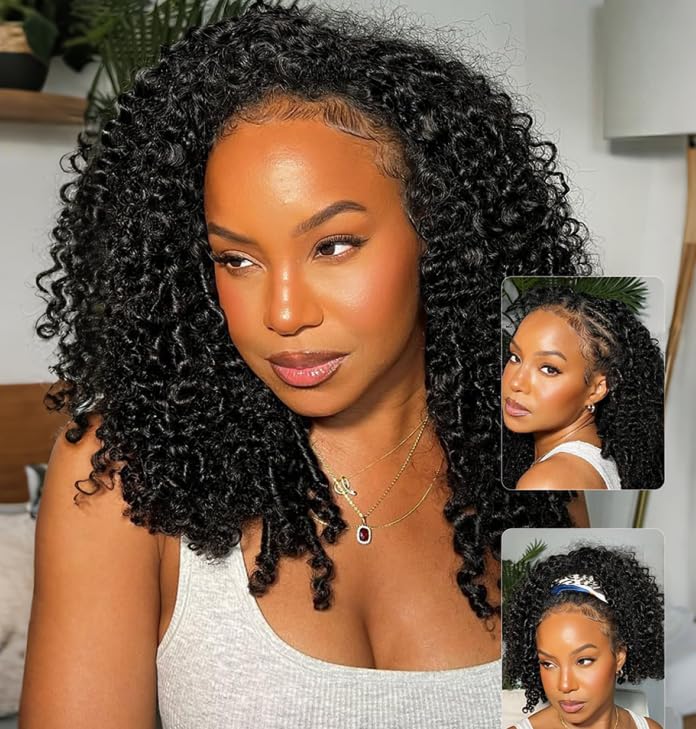 Larhali Half Wig Human Hair Glueless Wigs Upgrade 3 IN 1 Half Wig With Drawstring Seamless Clip Ins Flip Over Burmese Curly Human Hair No Glue No Lace For Women 200% Density (Natural Color, 16inch)