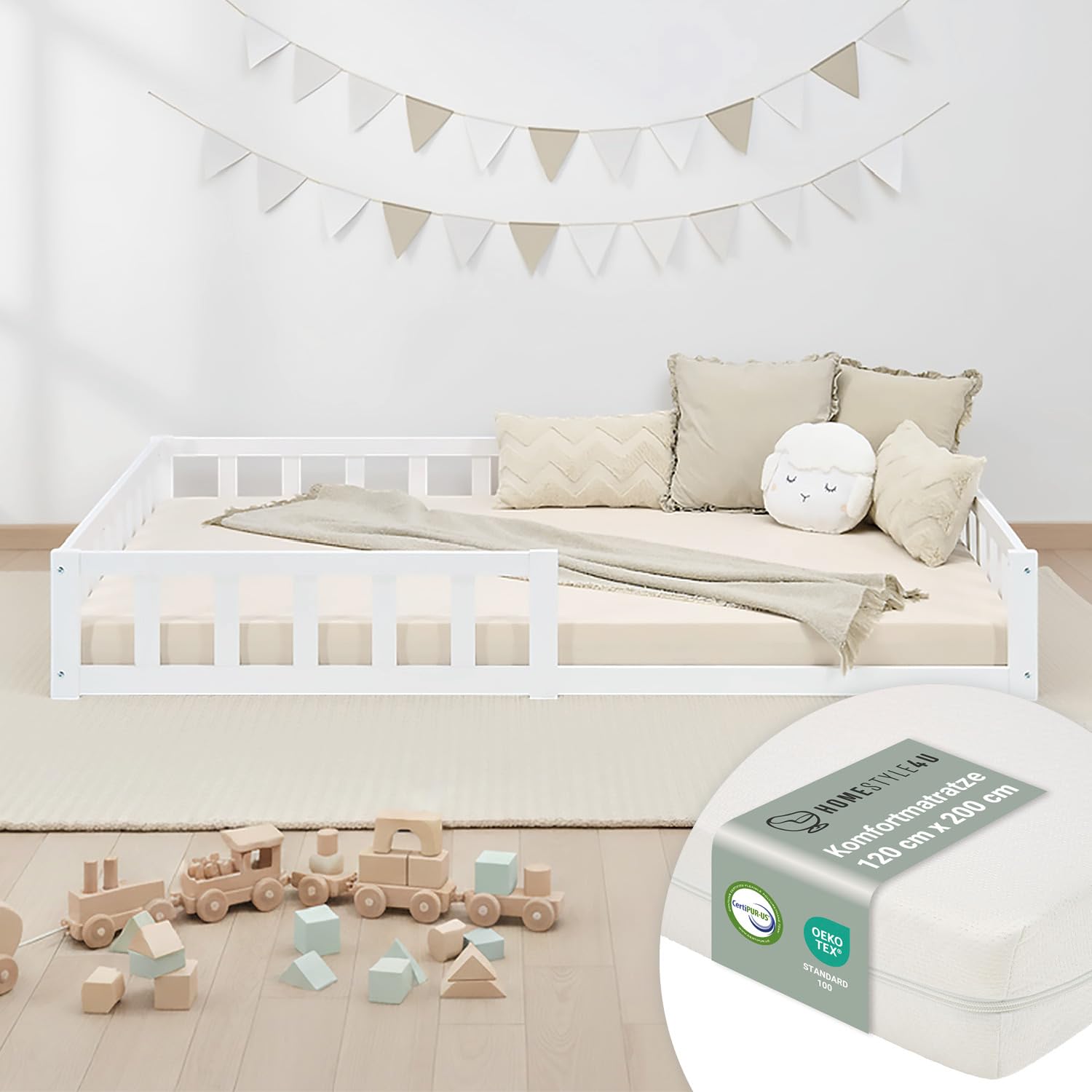 Homestyle4u Montessori 3026 Lit de sol, 120 x 200 cm, en bois, blanc, pour enfant, avec protection anti-chute, matelas et sommier à lattes