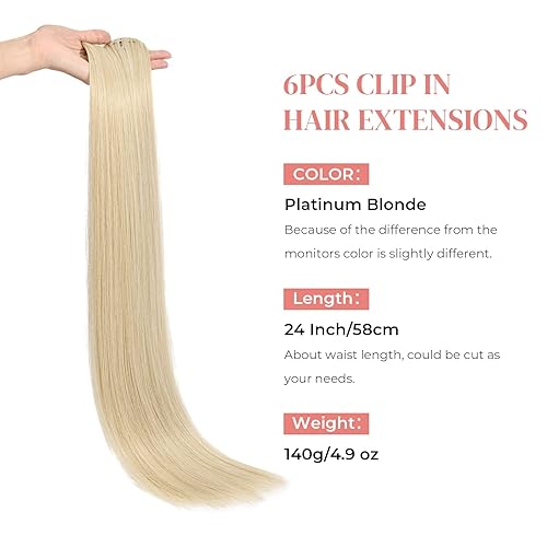 Miniatura 3 de LONAI - Extensiones de cabello con clip, 6 extensiones de cabello rubio lacio de 24 pulgadas para mujer, resistente al calor, pelo sintético rubio