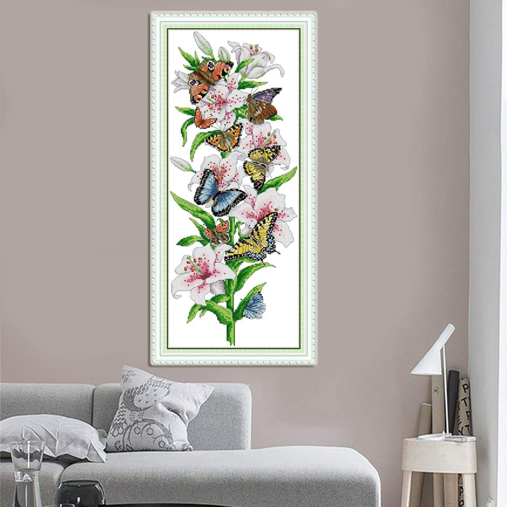 OWN4B Kit de broderie au point de croix estampé, motif imprimé chat noir et fleurs 11CT 46 x 45 cm (chat