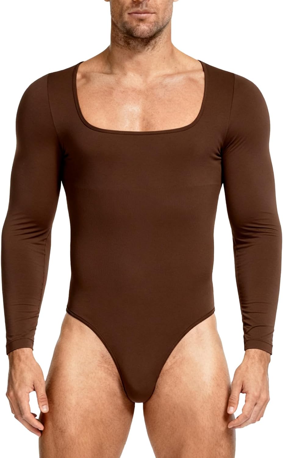 Alvivi Men Long Sleeve High Cut Bodysuit Press Button Crotch Stretchy Jumpsuit Gymnastics Leotard