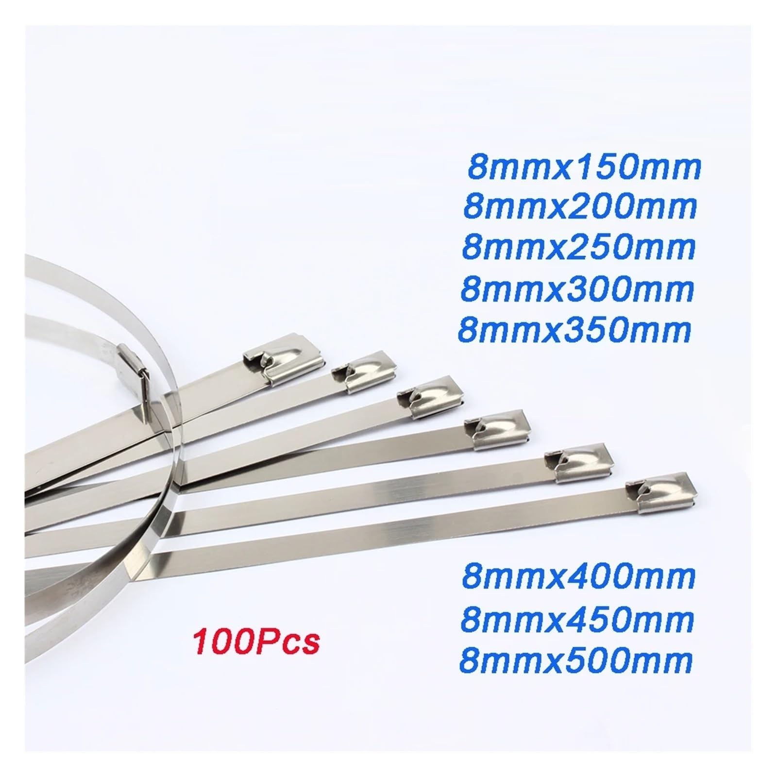 100 Uds. Bridas de cables de acero inoxidable autoblocantes de 8mm de ancho bridas de metal con cierre automático(8mmx300mm)