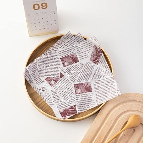 100枚 食品用 ワックスペーパーシート、天ぷら敷紙 耐油紙 揚げ物 敷き紙、バスケットライナー、ピクニックペーパーシート、グリースプルーフデリ包装シート、18x 18cm (白い底英字)