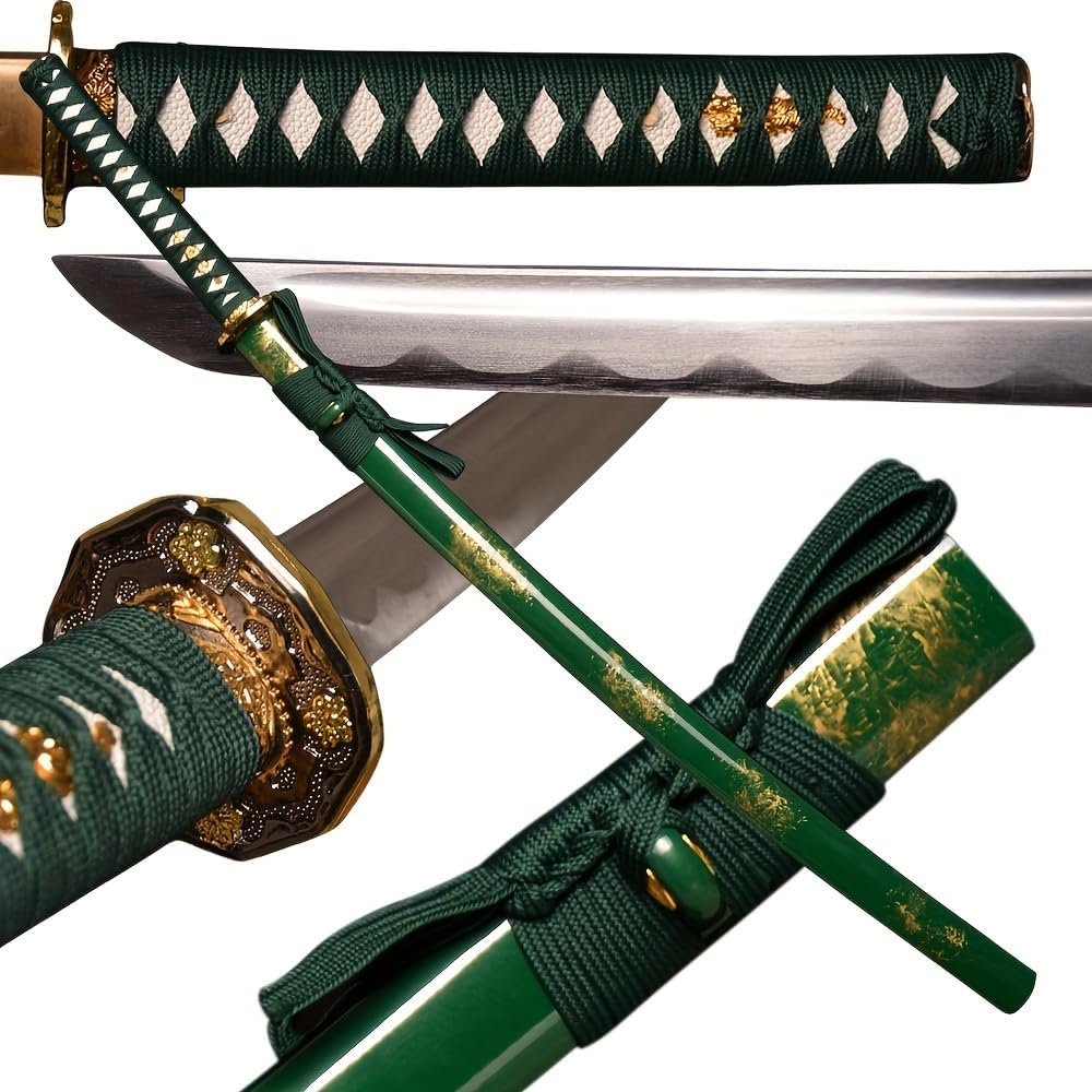 Sauvagine-Handmade Japanese Katana Sword, Heat Treated Full Tang Carbon Steel, Green Scabbard & Gold Accents, Real Ray Skin Handle, Bamboo Tsuba, Collection & Display