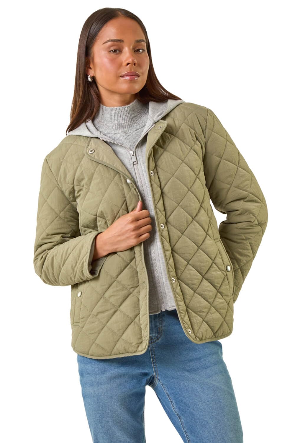 Roman Petite Contrast Hooded Puffer Coat for Women UK - Ladies Everyday Autumn Winter Round Neckline Comfy Soft Evening Vacation Work Party Night Out - Petite Khaki - Size 18