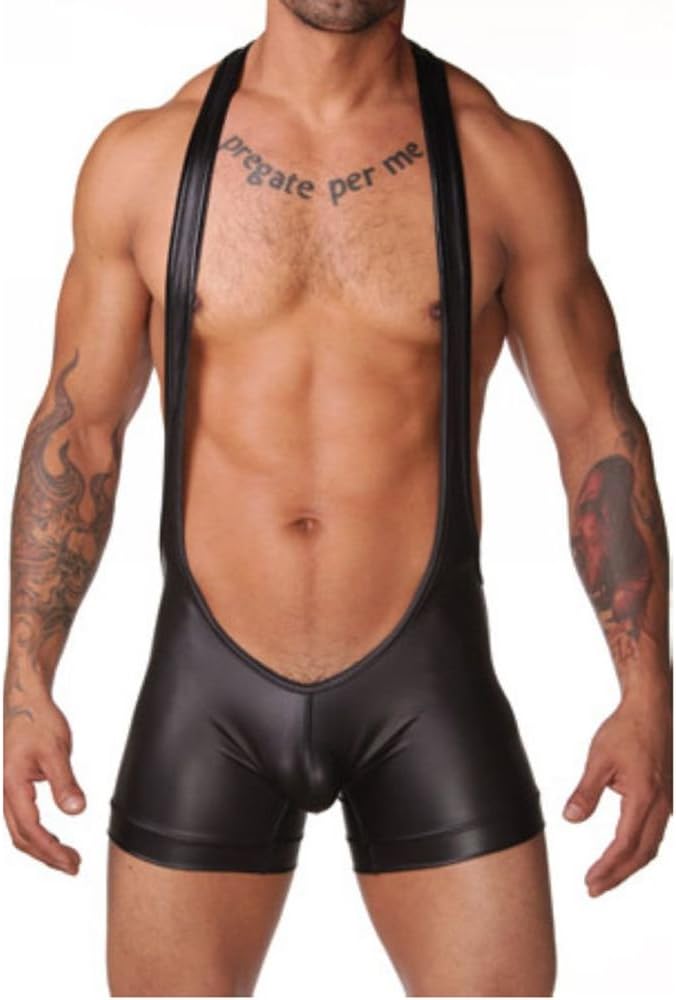 Imigao Men Sexy Wrestling Singlet Faux Leather Underwear Lingerie Bodysuit Pants