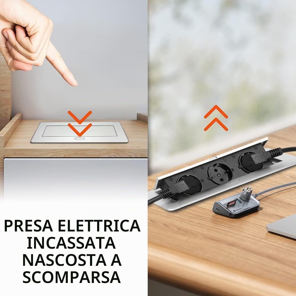 XIIW Ciabatta pop-up da incasso, Multipresa a scomparsa con 2 fori (tipo F) e 2 USB, 3500W/16A, alluminio resistente 750°C, cavo 1,8m per scrivania e piano lavoro, CEE 7/7 presa scrivania - No tipo L
