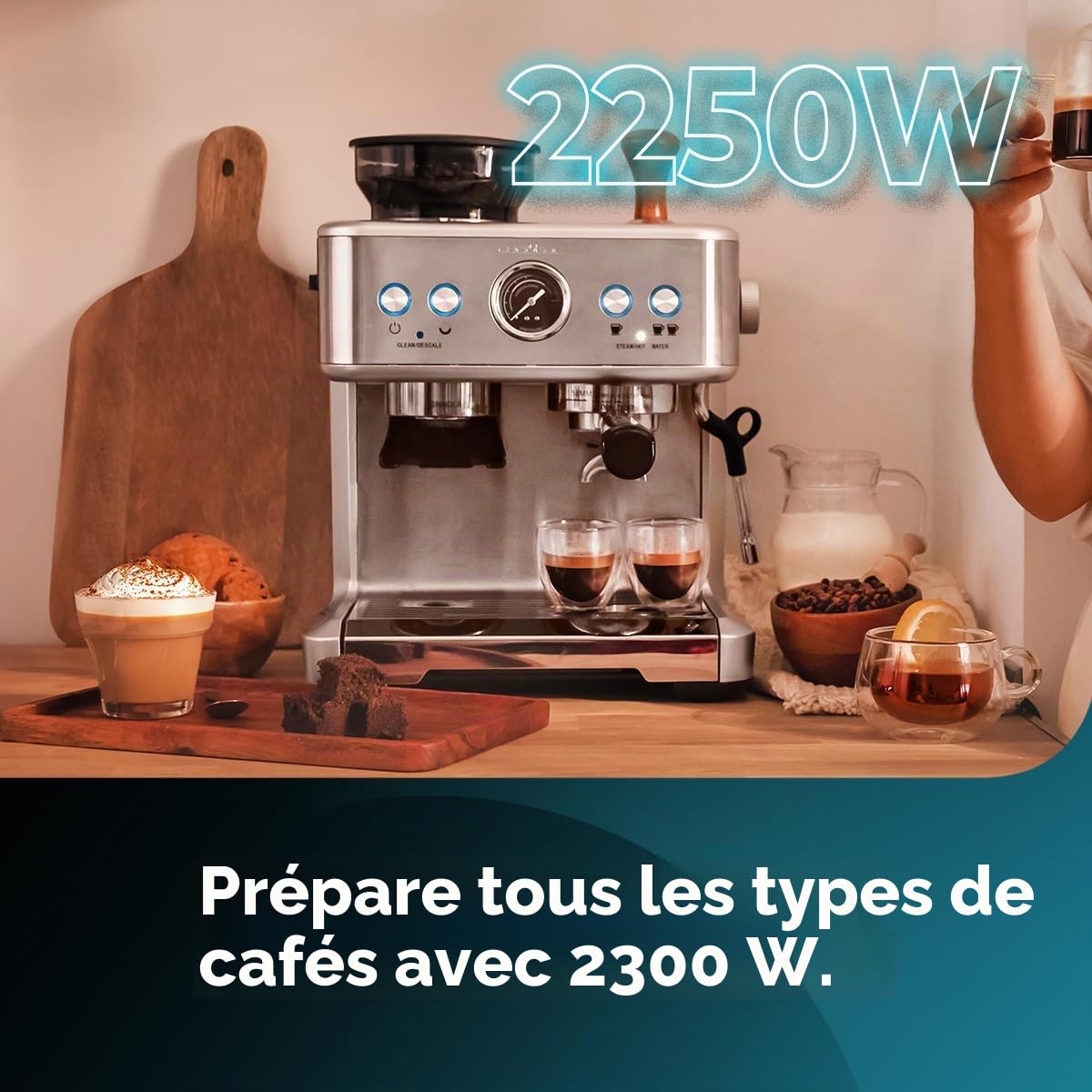 Cecotec Cafetière Express 20 Bars Power Espresso 20 Barista. 2250 W, Manomètre, 2 Thermoblocks, Vaporisateur Orientable, Réservoir de Café en Grains et Moulin à 20 Niveaux
