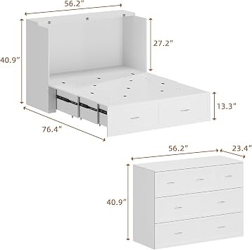 FUFU&GAGA Full Size Murphy Bed with Charging Station & Storage, Cabinet Bed Frame with Drawer, Folding Space Saving Murphy Beds Chest for Bedroom Guest Room Office, White, 76.4L x 56.2W x 40.9H