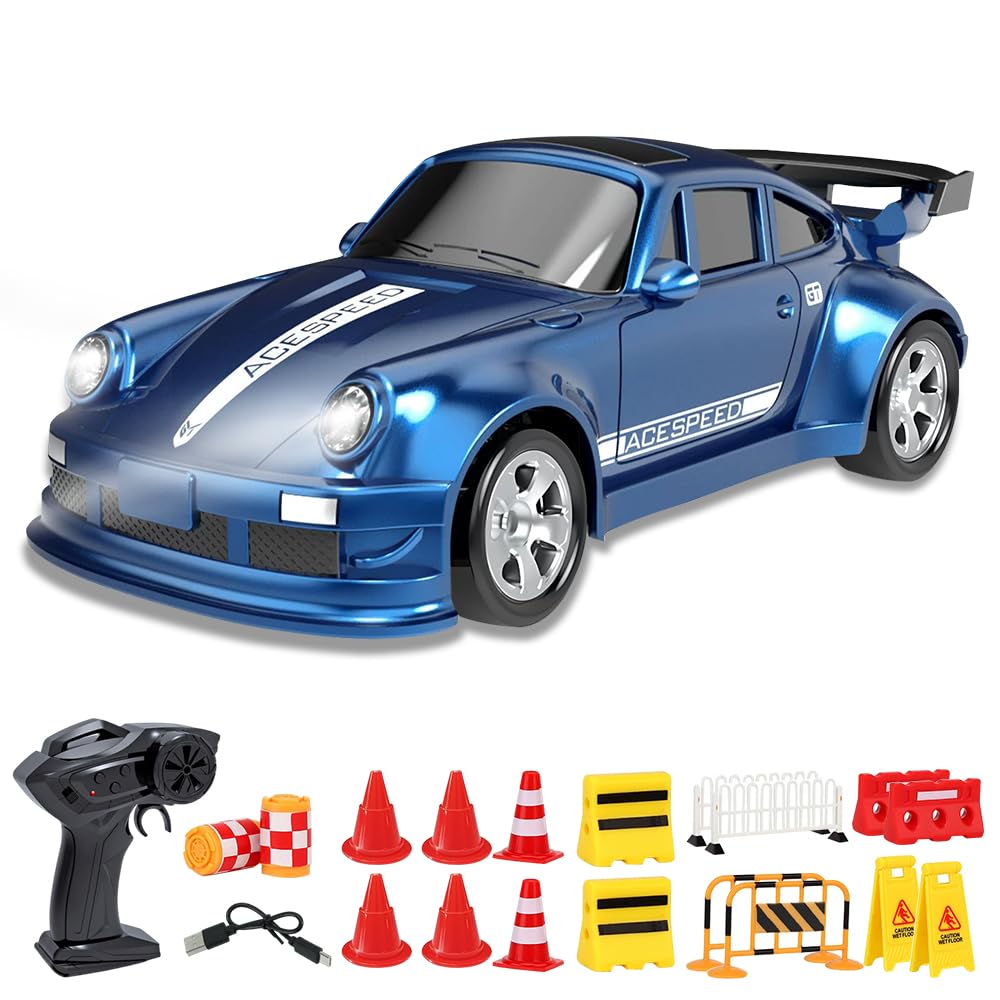 RC Drift Car - Mini voiture télécommandée 1:64 - 4WD avec éclairage - 2,4 GHz - Mini voiture de course radiocommandée avec modèle obstacle - Pour enfants - 15 km/h